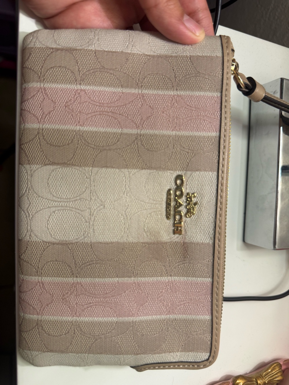 Coach Pink Cream Tan Signature Stripe Crossbody